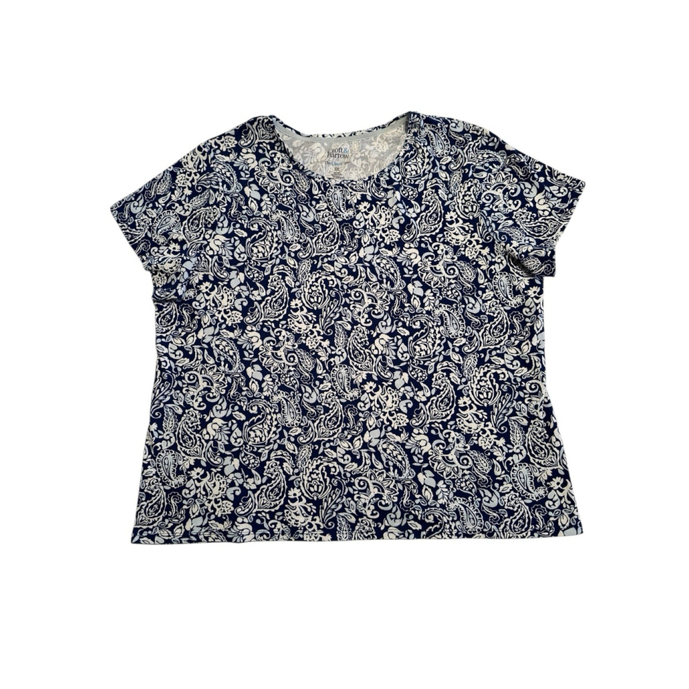 Croft & Barrow Cotton Classic Tee Shirt Womens XXL T-Shirt Blue & White Flowers